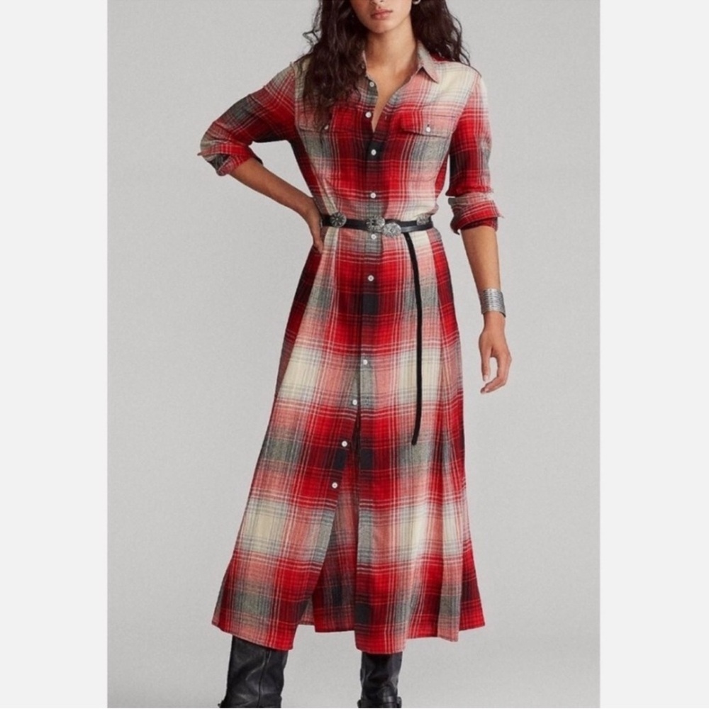 Ralph Lauren Red Plaid Shirt Dress with Button Front